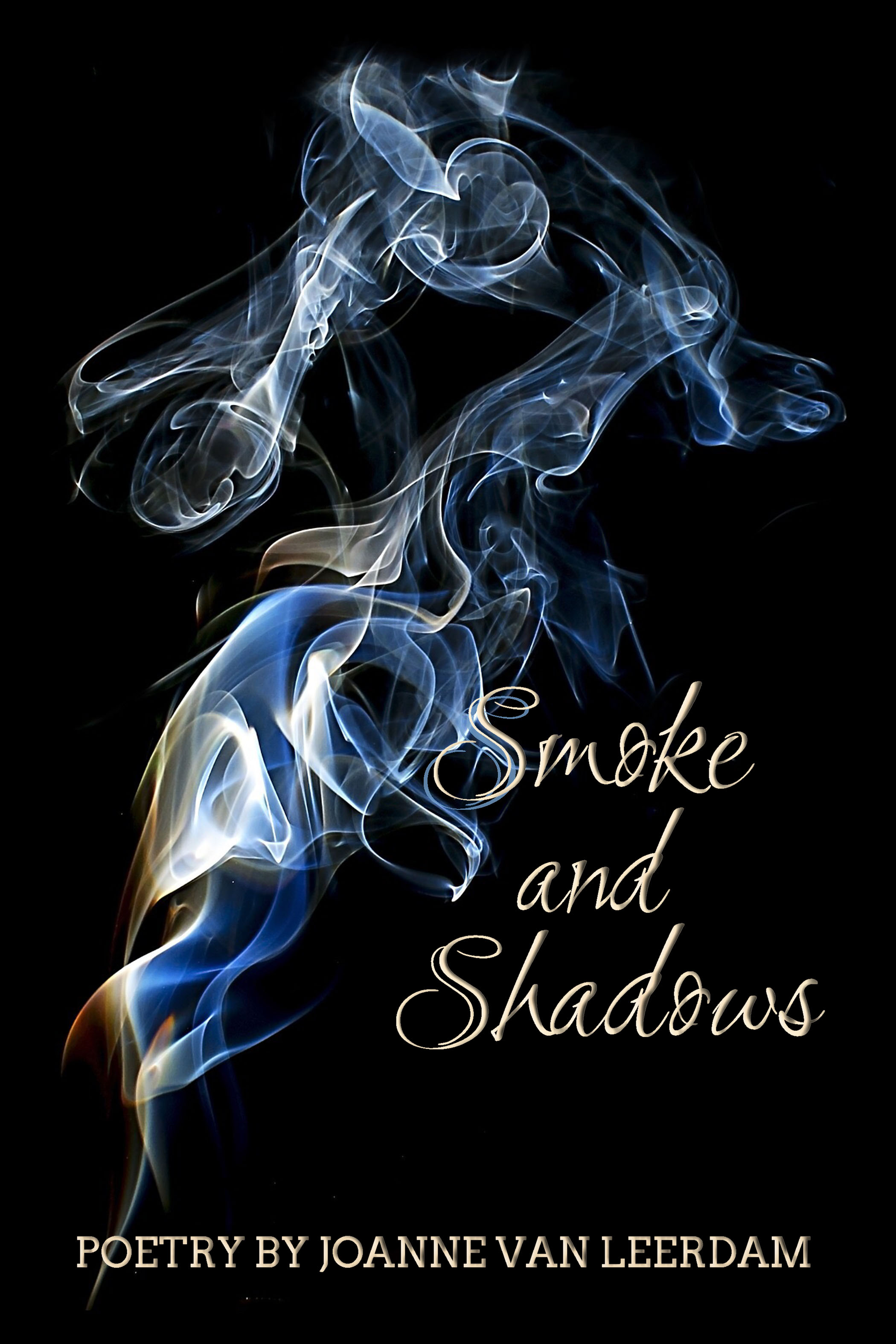 The cover of Smoke and Shadows has an image of smoke in shades of blue, gold, red and white on a black background. The title is printed in gold.