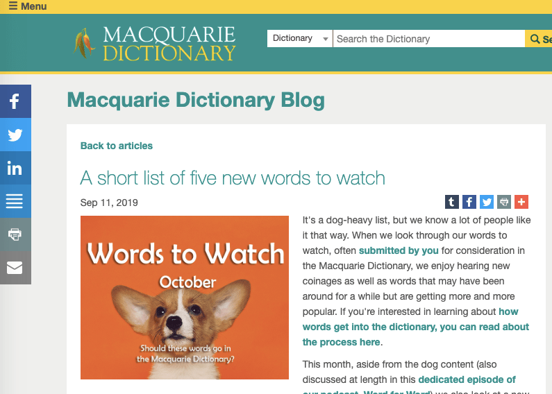 An image that inks to the article "A Short List Of Five New Words To Watch" on the Macquarie Dictionary Blog
