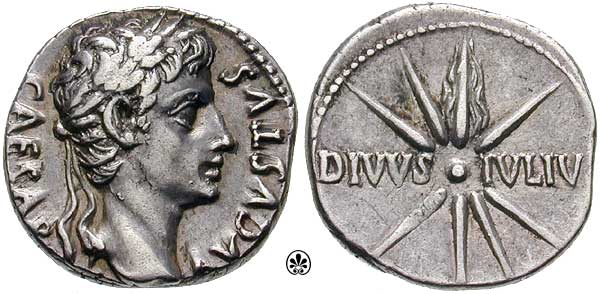 Front and back of a Roman Coin from the time of Caesar Augustus, whose head is shown on one side. On the other side is a comet with 8 rays and the inscription divvs ivliv